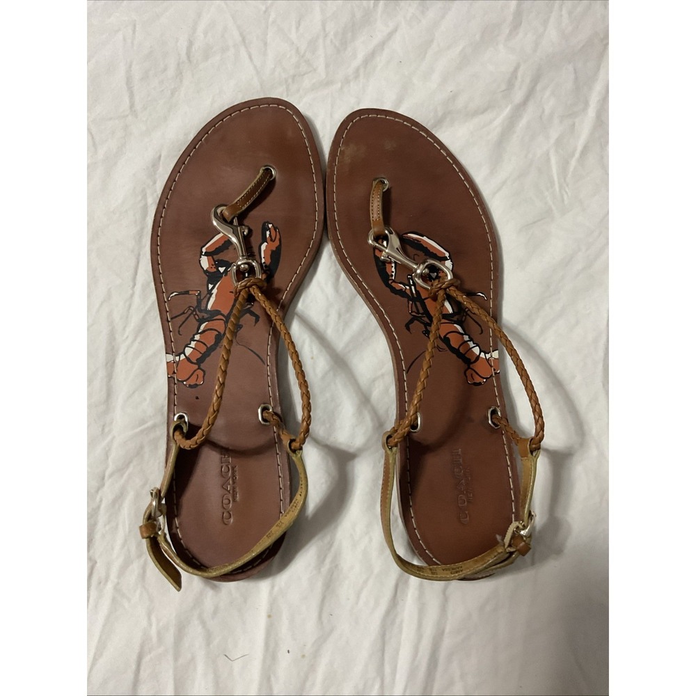 Coach Karessa Lobster brown Vegetable Leather Thong Slingback Sandal Sz11B - Picture 2 of 5